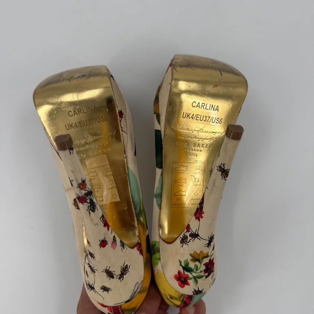 Ted Baker Carlina Platform Pumps Womens Size 6 Beige Floral Peep Toe Slip On